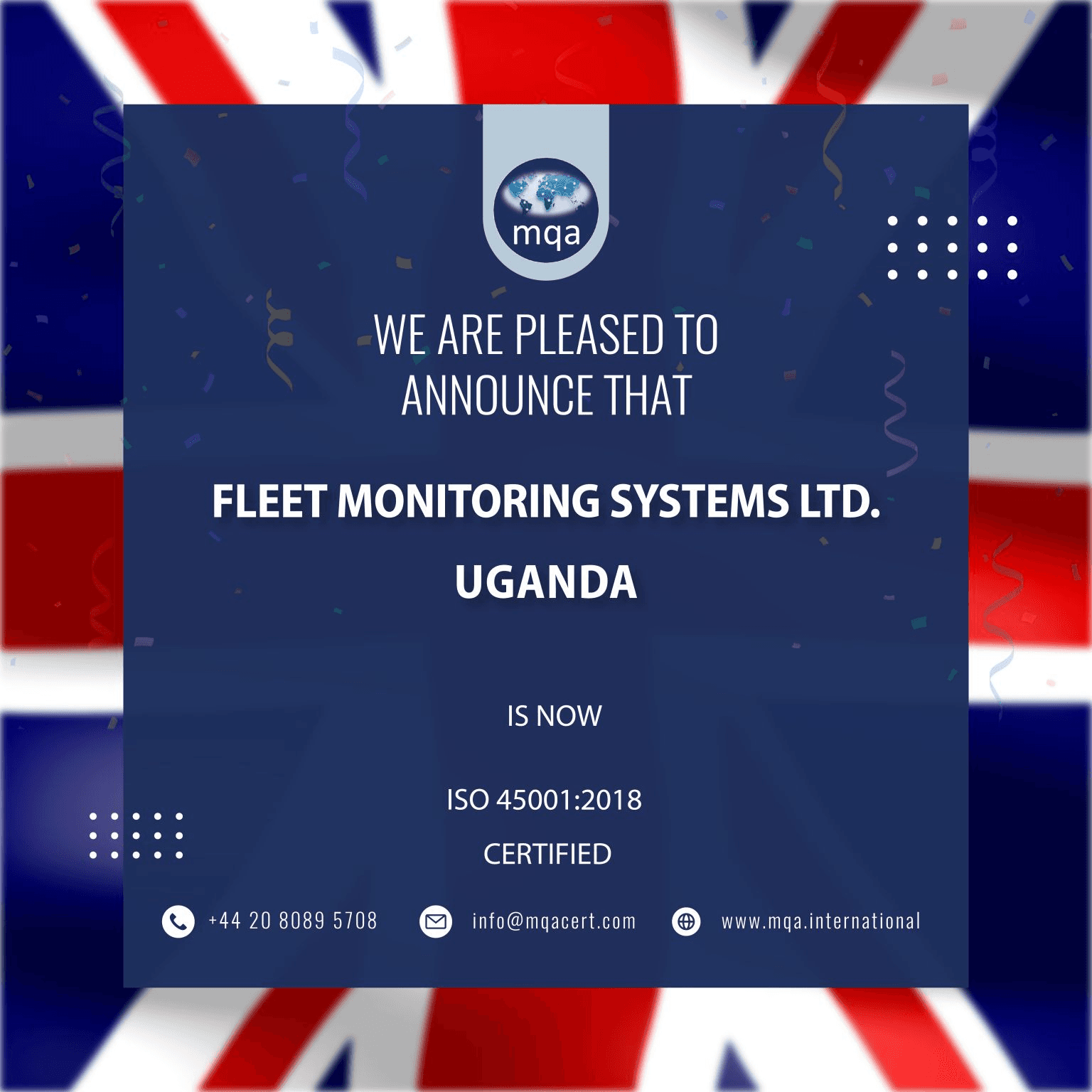 ISO 45001:2018 certificate for Fleet Monitoring Systems Ltd